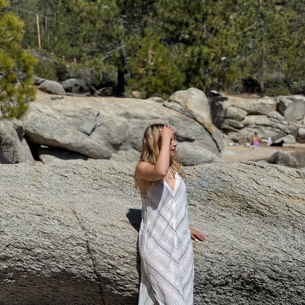 White and Gray Striped Maxi Dress